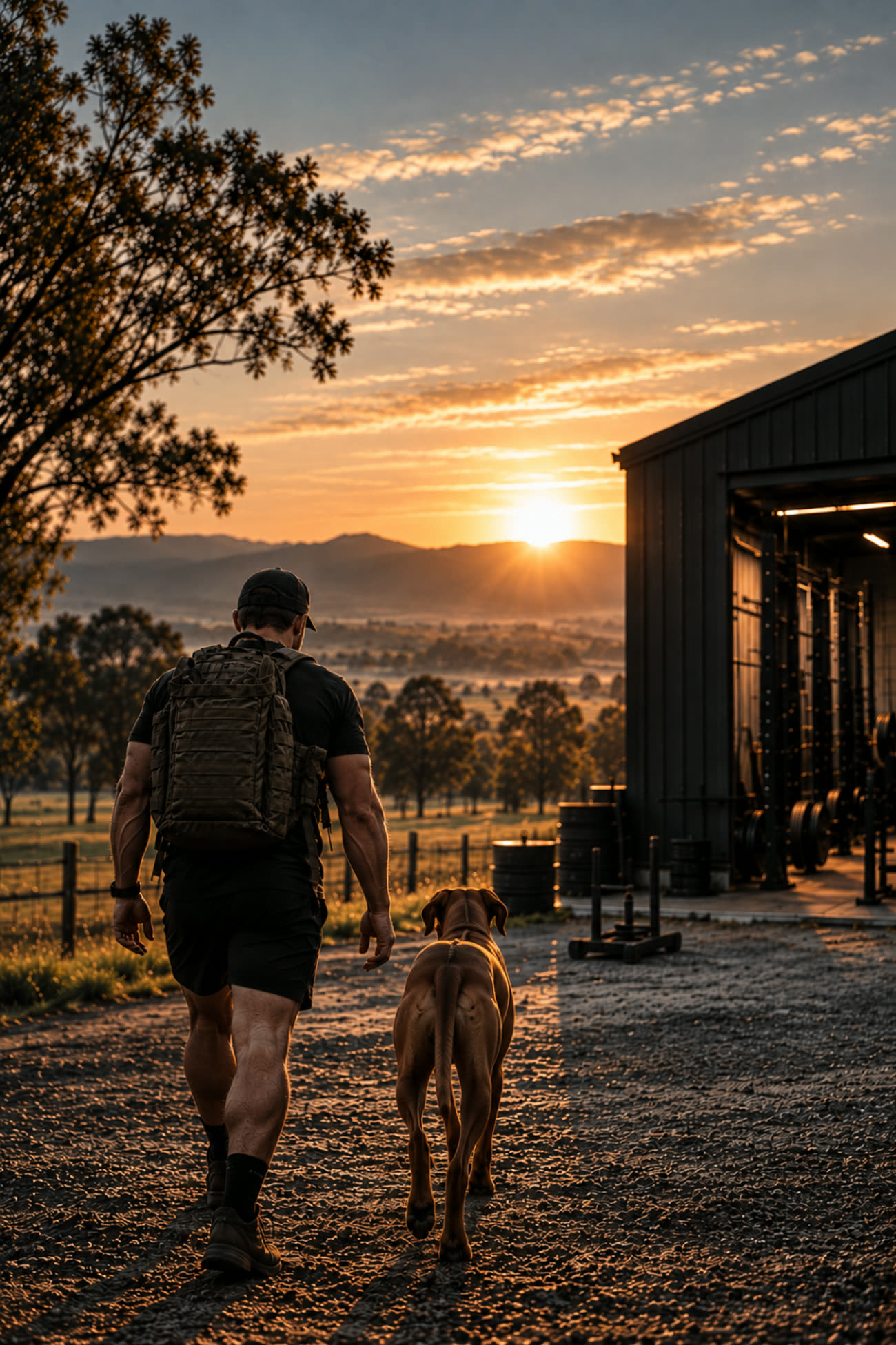Man carrying a ruck pack across a Brookfield paddock toward the shed gym at golden hour
