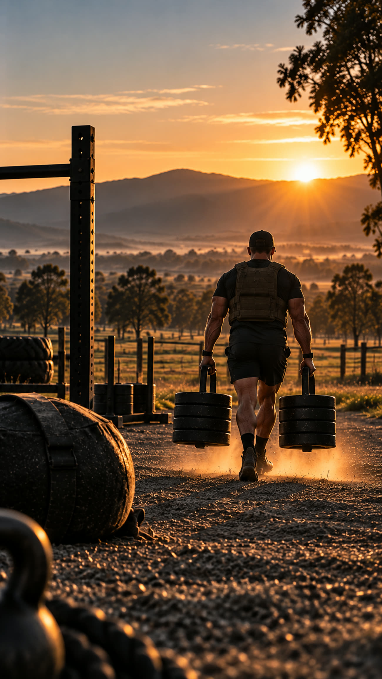 Athlete completing a heavy carry across the Paddock at sunrise