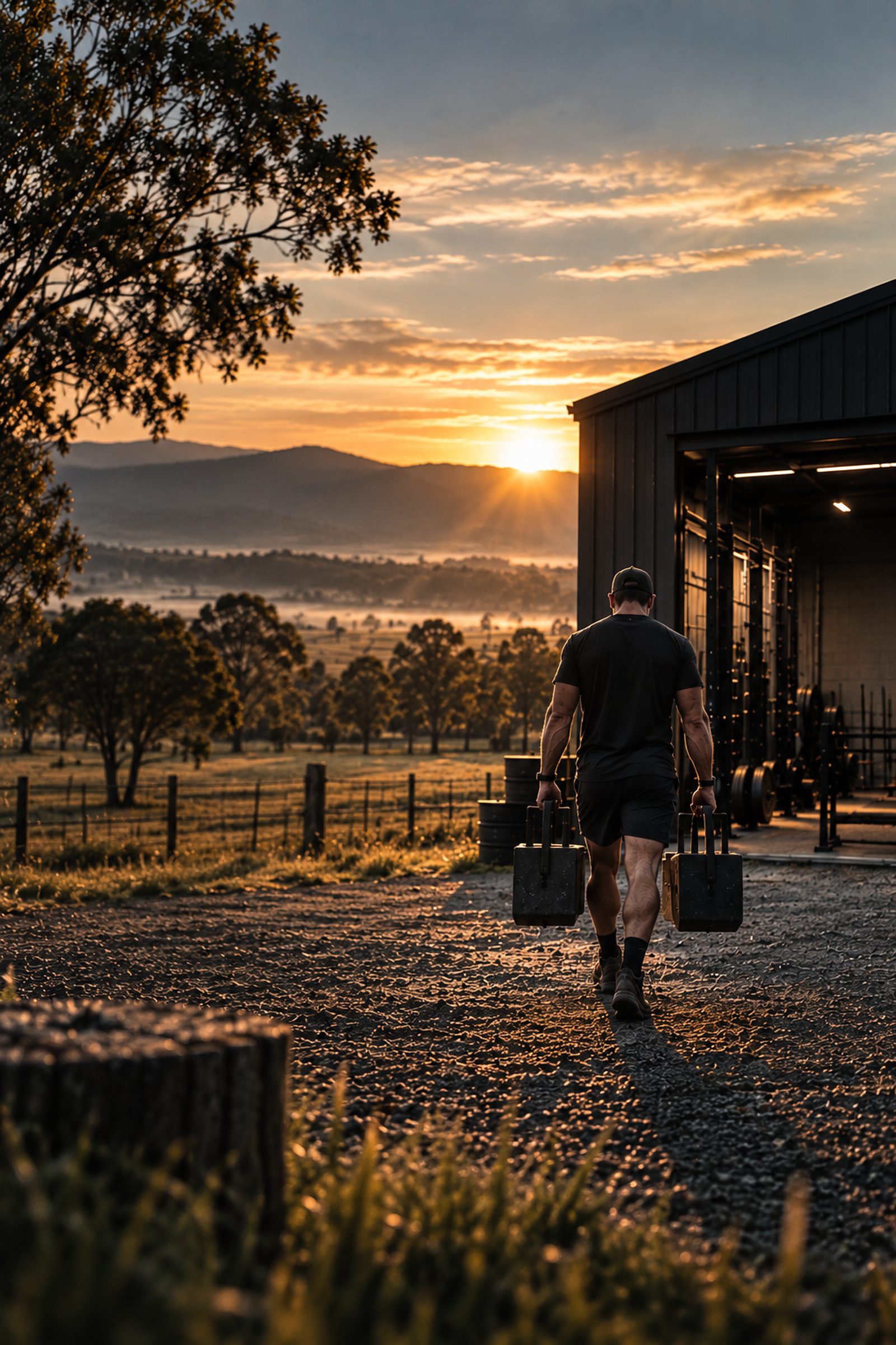 Athlete farmer-carrying weights toward the black shed gym at golden hour on a Brookfield paddock