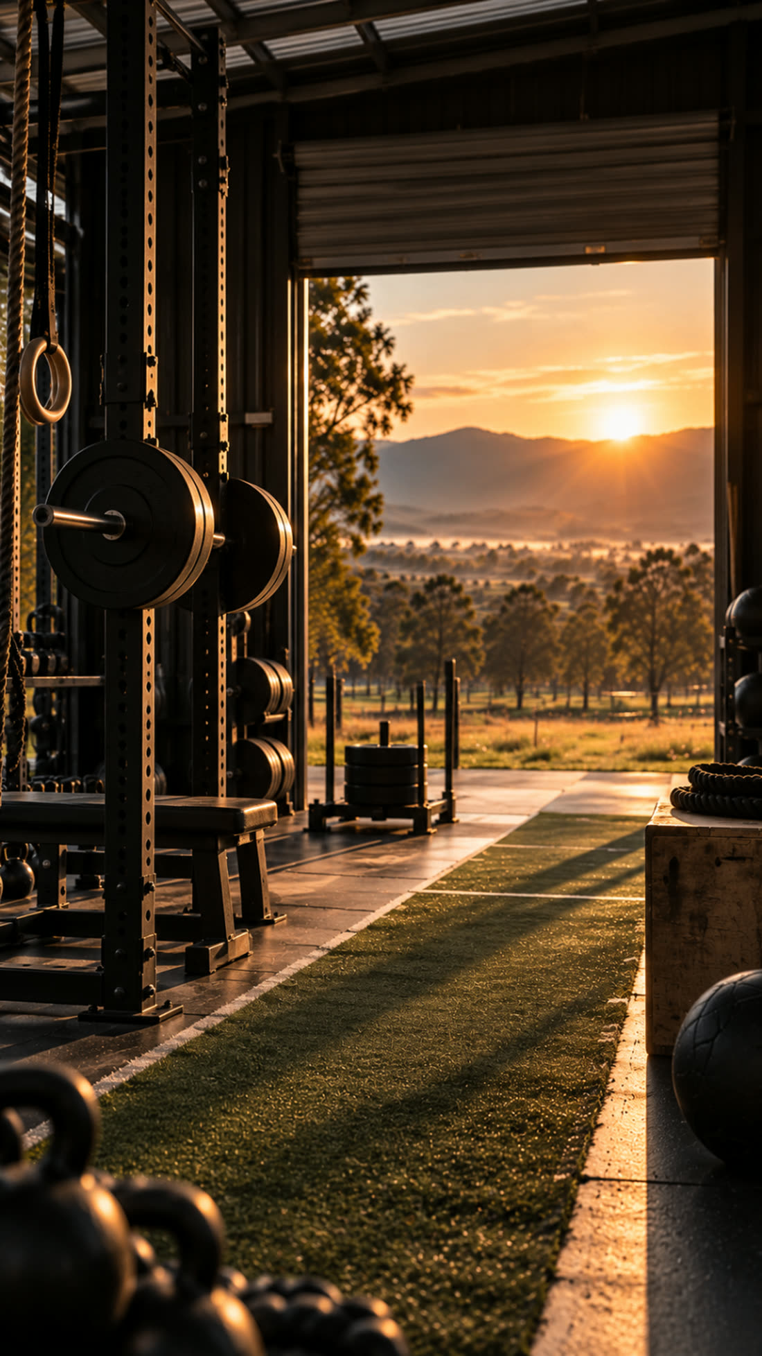 The Paddock training shed open to the Brookfield landscape at sunrise